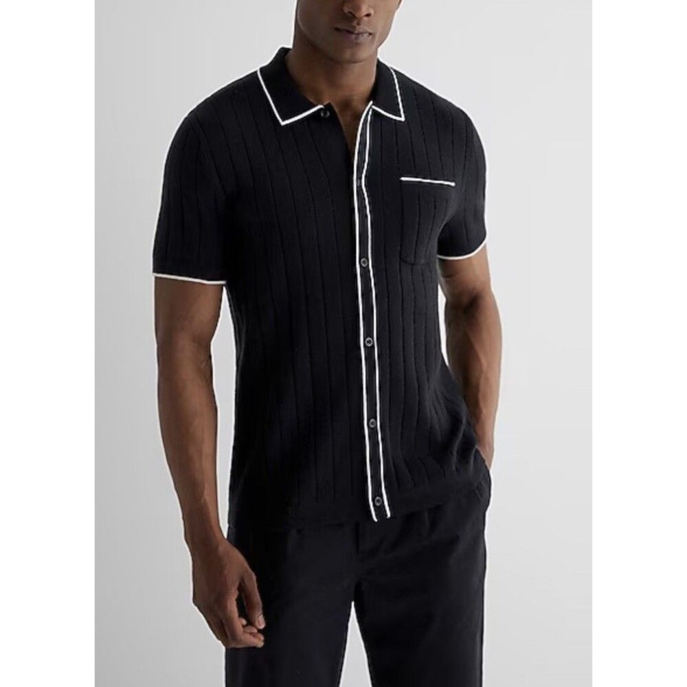 NWOT Express Ribbed Short Sleeve Sweater Polo Black Retro Knit Men's XL